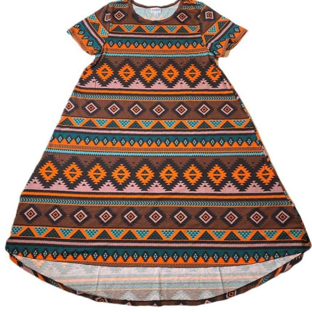 NEW LuLaRoe Carly‎ S Brown Orange Stripe Aztec Swing Dress High Low Flowy